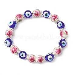 Handmade Flower Printed Porcelain Ceramic & Handmade Lampwork Evil Eye Beads Stretch Bracelets for Women&nbsp;BJEW-JB12105-02