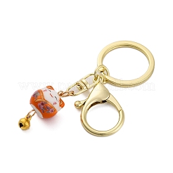 幸運の猫の磁器ペンダントキーホルダー  鉄製キーチェーンリングと合金製ロブスタークロー留め金付き  ダークオレンジ  8.5cm&nbsp;KEYC-G064-03D
