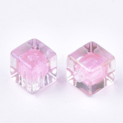 透明なアクリルビーズ  UVメッキ＆レインボー  二層ビーズ  片穴ビーズ  キューブ  パールピンク  12.5x12.5x12.5mm  半分穴：3.5mm&nbsp;X-TACR-S148-08A