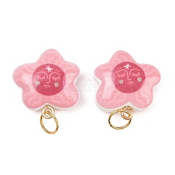 印刷された不透明なアクリルパーツ  ステンレス鋼ループ付き  ゴールドカラー  花のチャーム  21x20.5x9.5mm  丸カン：7x0.7ミリ  内径：5.7mm&nbsp;SACR-P036-01E-G