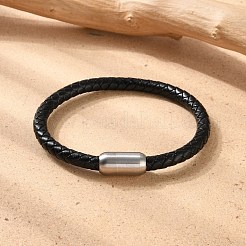 男の編み革コードブレスレット  304ステンレススチール製マグネット留め具付き  ブラック  8-1/4インチ（21cm）  6mm&nbsp;BJEW-JB04255-02