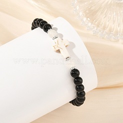 Dyed Synthetic Turquoise Religion Cross & Round Natural Black Onyx(Dyed & Heated) & White Moonstone Beaded Stretch Bracelets&nbsp;BJEW-JB14404