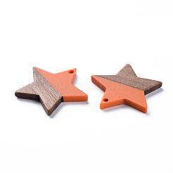 不透明な樹脂とクルミ材のペンダント  ツートン  スター  ダークオレンジ  26x28.5x3mm  穴：1.8mm&nbsp;RESI-T035-39A