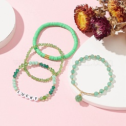 4Pcs 4 Style Glass & Polymer Clay Beaded Stretch Bracelets Set with Clover Charms&nbsp;BJEW-TA00305