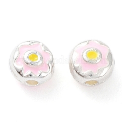 合金エナメルビーズ  鉛フリー＆カドミウムフリー  花付きフラットラウンド  銀  4.5x3.5mm  穴：1.2mm&nbsp;PALLOY-K007-01S