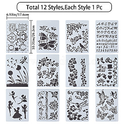 12種類のスタイルのプラスチック製描画ステンシル12個  ホローハンドアカウント定規テンプレート  DIYスクラップブッキング用  植物/蝶/アルファベット/妖精柄  混合模様  262x176mm  1個/スタイル&nbsp;DIY-GF0006-88