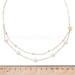 White Round Shell Pearl & Brass Double Layer Necklaces&nbsp;NJEW-TA00232