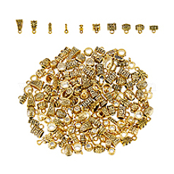 150スタイルのチベットスタイルの合金チューブベイル10個。  ループベイル  花＆チューブ＆平丸＆葉  アンティーク黄金  6.5~14x6.5~8x3.5~7.5mm  穴：1.4~2mm  内径：2.8~4.7mm  15個/スタイル&nbsp;FIND-DC0004-78