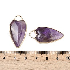 天然石アメジストペンダント  ゴールデントーン真鍮パーツ  ハートチャーム  33.5x17x5.5~6.5mm  穴：6x5mm&nbsp;G-G193-02G-04