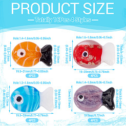 16個4スタイル手作りランプワークビーズ  魚  ミックスカラー  19~21x12.5~13x9~10.5mm  穴：1.2~18mm  4個/スタイル&nbsp;LAMP-TA0001-94