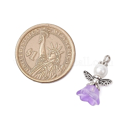 ガラスのパールのペンダント  花の形の天使のチャーム  合金製の翼と鉄製のループ付き  ミックスカラー  21.5x15.5x10mm  穴：1.8mm&nbsp;PALLOY-JF03655-02