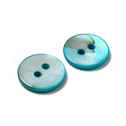 淡水シェルボタン  2穴  フラットラウンド  シアン  15x1~2mm  穴：1.5~2mm&nbsp;SHEL-C005-01B-03