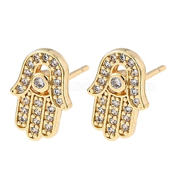 Hamsa Hand Brass Micro Pave Clear Cubic Zirconia Stud Earrings&nbsp;EJEW-H178-07G