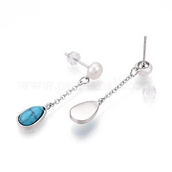 Teardrop Brass Natural Pearl Dangle Stud Earrings&nbsp;PEAR-N020-06S