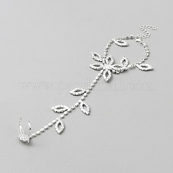 女性用真鍮ラインストーンリンクチェーンフィンガーリングブレスレット  葉  プラチナ  7インチ（17.8cm）&nbsp;AJEW-WH20121-31