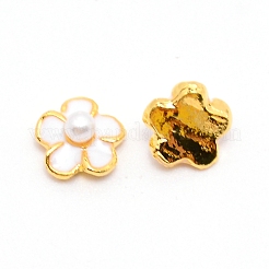 合金エナメルカボション  アクリル模造真珠ビーズ付き  ネイルアートの装飾の付属品  花  カドミウムフリー＆鉛フリー  ゴールドカラー  ホワイト  7.5x7x4mm&nbsp;MRMJ-WH0068-63G-02