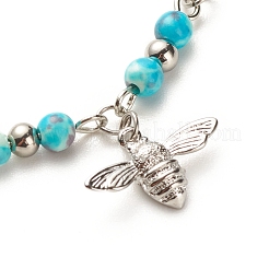 304 Stainless Steel Bees Charm Anklet with Round Natural White Jade Beads for Women&nbsp;AJEW-AN00498-02