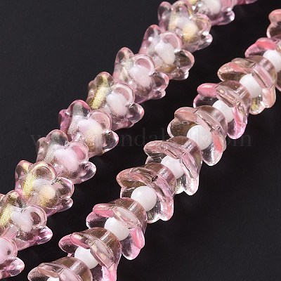 透明ガラスビーズ連売り  グリッターパウダー付き  花  ピンク  11~12x7.5~8mm  穴：1.4mm  約50個/連  11.42''（29センチメートル）&nbsp;LAMP-H061-01D-04-1