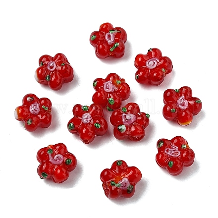 15個の手作りランプワークビーズ  バンピー  花  レッド  13.5x14.5x7mm  穴：1.4mm&nbsp;LAMP-YW0001-66G-1