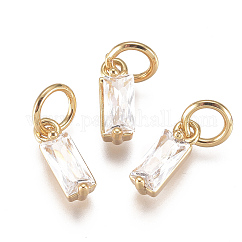 Brass Micro Pave Cubic Zirconia Charms, Cadmium Free & Lead Free, Long-Lasting Plated, with Jump Ring, Real 18K Gold Plated, Rectangle, Clear, 10x3x3mm, Hole: 3mm