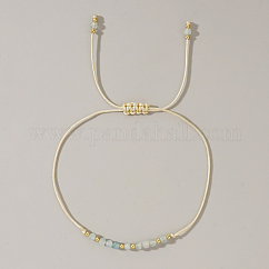 女性用天然誕生石編みビーズブレスレット  アクアマリン  真鍮のビーズで  内径：11インチ（28cm）