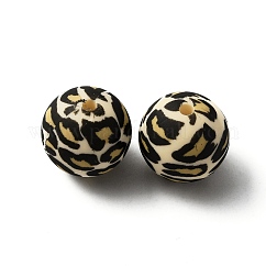 Silicone Beads, Round with Leopard Print Pattern, Light Khaki, 15x15mm, Hole: 2mm