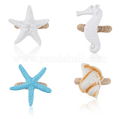 4Pcs 4 Styles Resin Conch Shell Starfish Sea Horse & Jute Rope Napkin Rings&nbsp;AJEW-GF0011-12