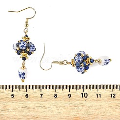 手作りの花柄プリント磁器製ぶら下がりピアス  天然のラピスラズリのビーズと  ガラスビーズ  合金ビーズと304ステンレス鋼製ピアスフック  ゴールドカラー  38.5x15.5mm&nbsp;EJEW-MZ00751