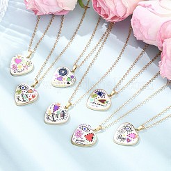 プリント合金ペンダントネックレス7個  真鍮アズキチェーンネックレス  ナザールボンジュウ付きハート  ミックスカラー  16.02インチ（40.7cm）&nbsp;NJEW-JN05515