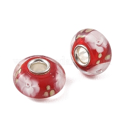 ランプワークと真鍮芯のヨーロピアンビーズ  大穴ビーズ  花とロンデル  ファイヤーブリック  15x7.5mm  穴：4mm&nbsp;LAMP-P019-01P-31