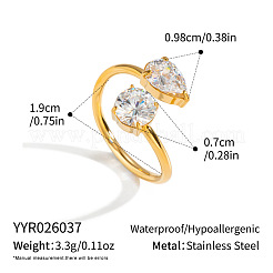 304ステンレススチール製パヴェキュービックジルコニアカフオープンリング（女性用）  ラウンドと涙  18KGP本金メッキ  19mm&nbsp;MA1780