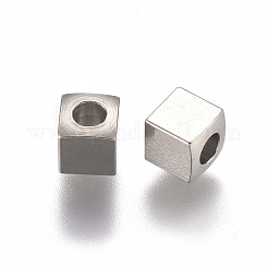 変色しにくい304ステンレススチールビーズ  キューブ  ステンレス鋼色  3x3x3mm  穴：1.6mm&nbsp;X-STAS-L234-130P
