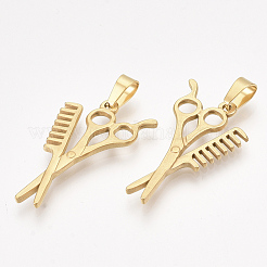 304ステンレスペンダント  はさみ＆くし形  ゴールドカラー  34x19x2mm  穴：7.5x4mm&nbsp;STAS-T045-30G