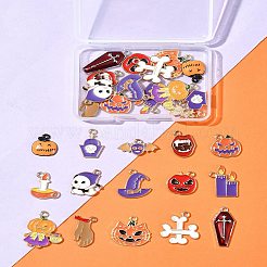 30個15スタイルアロイエナメルペンダント  ハロウィンモチーフ  ライトゴールド  混合図形  ミックスカラー  11~25.5x11~20x1.5~3mm  穴：1~1.8mm  2個/スタイル&nbsp;ENAM-FS0001-90