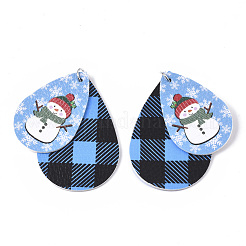 クリスマステーマpuレザービッグペンダント  プラチナトーン鉄製丸カン付き  ティアドロップ  雪だるまと  コーンフラワーブルー  56.5x37x3mm  穴：5mm&nbsp;FIND-R080-04