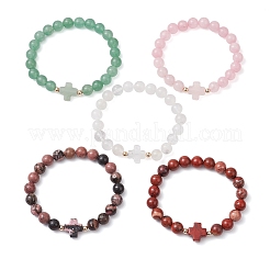 8mm ラウンド & クロス 天然混合宝石ビーズ ストレッチ ブレスレット (女性用)  内径：2-1/8インチ（5.5cm）&nbsp;BJEW-JB10930