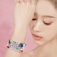 10pcs10スタイル励ましワードポリマークレイヘイシサーファーストレッチブレスレットセットハート  女性のための心を持つ幸運なプレッピーブレスレット  ミックスカラー  内径：2-1/8インチ（5.5cm）&nbsp;BJEW-SW00041
