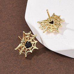 真鍮製マイクロパヴェキュービックジルコニアスタッドピアス  ゴールドカラー  クモの巣  13.5x14mm&nbsp;LS-EJEW-Z156-02G-02