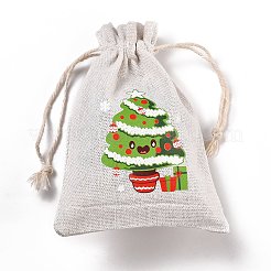 クリスマスコットンクロス収納ポーチ  長方形巾着袋  キャンディーギフトバッグ用  クリスマスツリー模様  13.8x10x0.1cm&nbsp;LS-ABAG-M004-02P