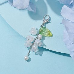 アクリルペンダントの装飾  ガラス模造パールビーズと合金カニカン付き  葉と花  透明  70mm&nbsp;HJEW-JM01780-01