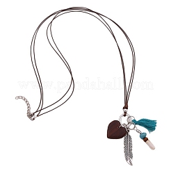 Boho Alloy Feather & Wood Heart Tassel Pendant Cotton Cord Necklaces for Women&nbsp;WG12080-01