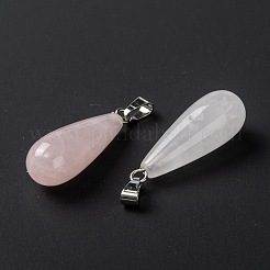 天然石ローズクォーツペンダント  プラチナ真鍮パーツ  ティアドロップ  26.5~29x10mm  穴：2.5~3.5x4~6mm&nbsp;G-F707-18