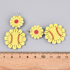 印刷されたアクリルパーツ  野球と花  きいろ  47~47.5x28.5x2.5mm  穴：5mm&nbsp;OACR-N144-05