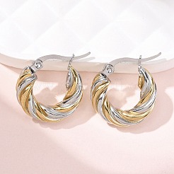 304ステンレススチールツートンフープピアス  ツイストリング  イオンプレーティング（ip）  ゴールデン·ステンレス鋼色  18x5mm&nbsp;EJEW-B150-01A