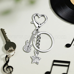 4Pcs 2 Colors Alloy Rhinestone Guitar & Acrylic Star Pendant Keychain&nbsp;KEYC-HY0001-33