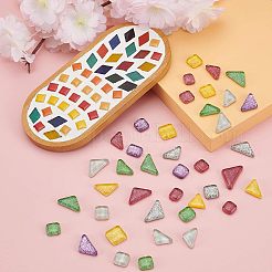 キラキラガラスカボション  モザイクタイル  家の装飾やdiyの工芸品  混合図形  ミックスカラー  11~15x11~25x4~5mm  約154個/箱&nbsp;GLAA-FH0001-02A