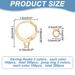 200 個 2 色の真鍮フレンチフックピアスパーツ  ループと丸カン200個付き  ゴールデン＆シルバー  16x13x1.8mm  穴：1.9mm  ピン：0.6mm  100個/カラー&nbsp;FIND-AR0004-93