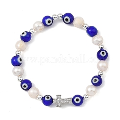 Evil Eye Lampwork and Natural Cultured Freshwater Pearl Beaded Stretch Bracelets&nbsp;BJEW-JB14283-02