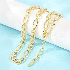 7mm真鍮パヴェキュービックジルコニアフィガロチェーンネックレス  カドミウムフリー＆鉛フリー  ラックめっき  長持ちメッキ  ゴールドカラー  ピンク  18.11インチ（46cm）&nbsp;NJEW-D324-05G-05