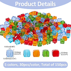 150個5色透明ガラスビーズ  多面カット  キューブ  ミックスカラー  5.5~6x5.5~6x5.5~6mm  穴：1.5mm  30個/カラー&nbsp;GLAA-FH0001-80